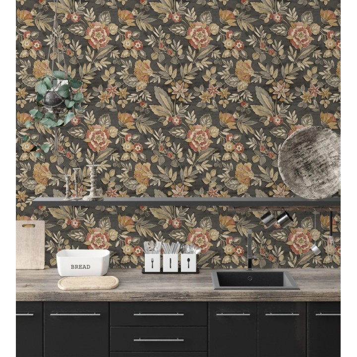 Papel pintado flores vintage de acuarela fondo gris carbón - Willowmere Posies 684274
