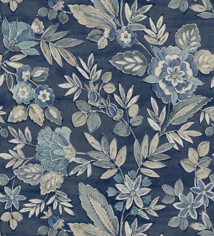 Papel pintado flores vintage de acuarela fondo azul eléctrico - Willowmere Posies 684275