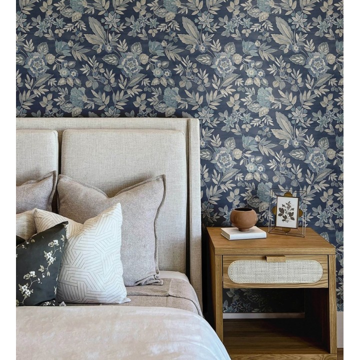 Papel pintado flores vintage de acuarela fondo azul eléctrico - Willowmere Posies 684275