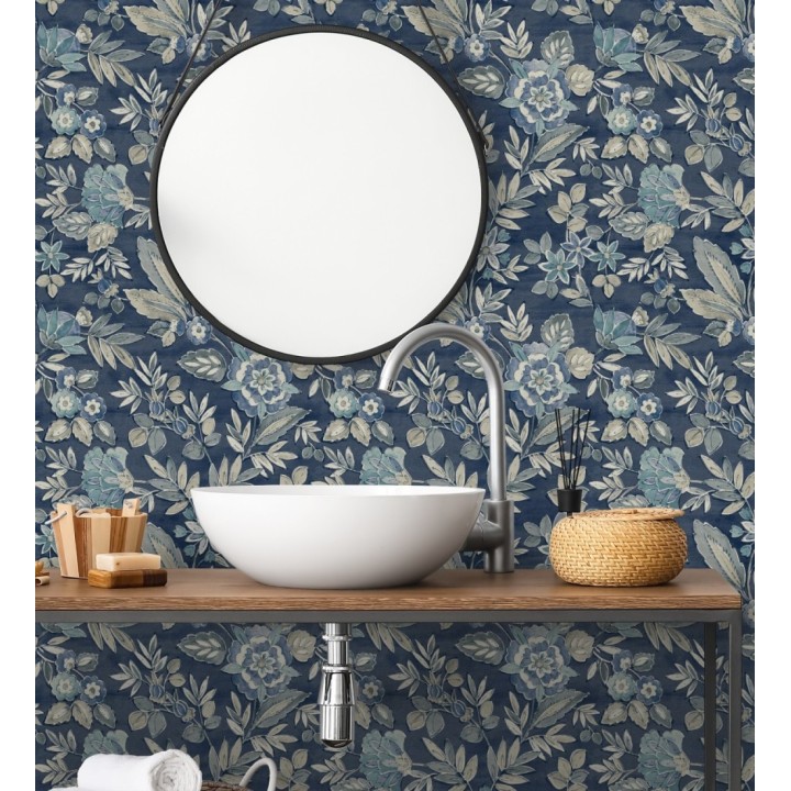 Papel pintado flores vintage de acuarela fondo azul eléctrico - Willowmere Posies 684275