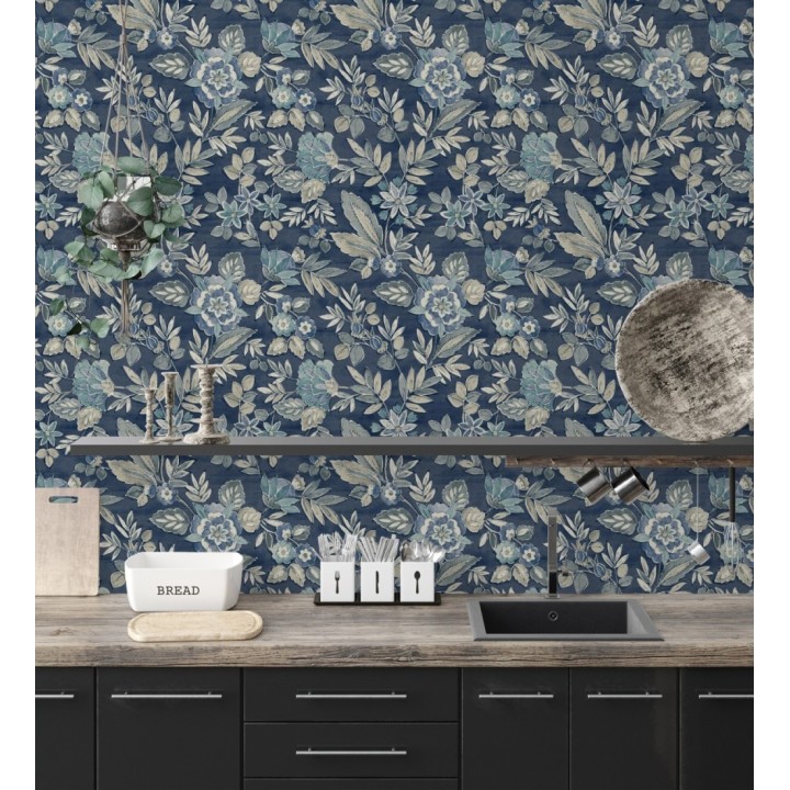 Papel pintado flores vintage de acuarela fondo azul eléctrico - Willowmere Posies 684275