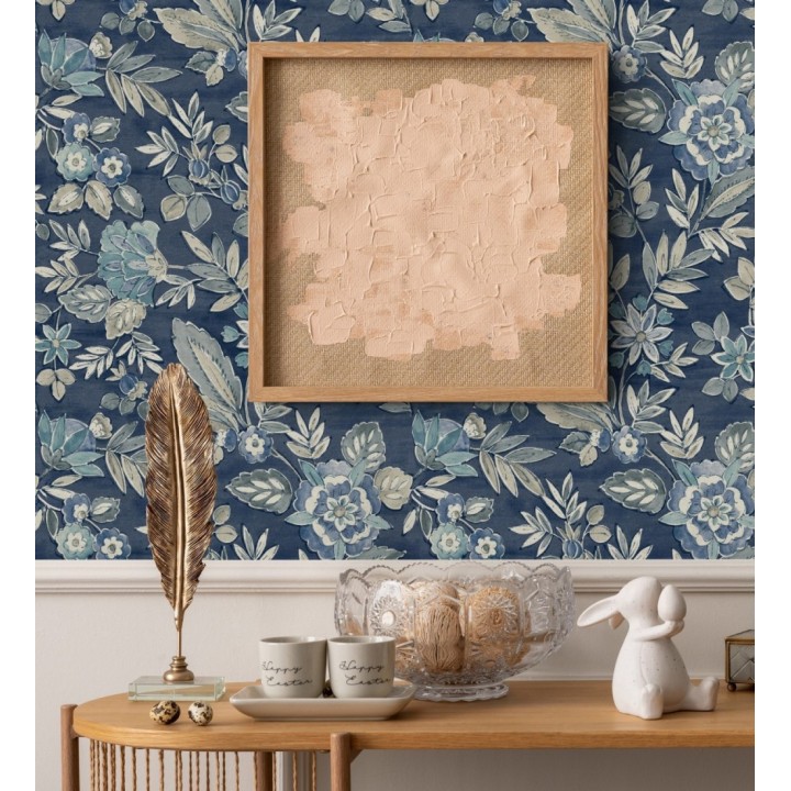 Papel pintado flores vintage de acuarela fondo azul eléctrico - Willowmere Posies 684275