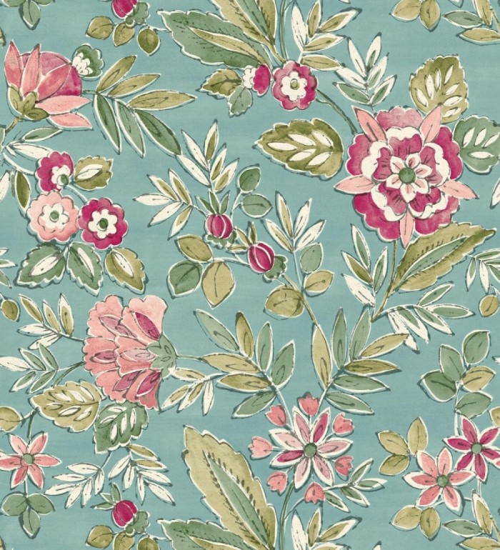 Papel pintado flores vintage de acuarela fondo aguamarina - Willowmere Posies 684276