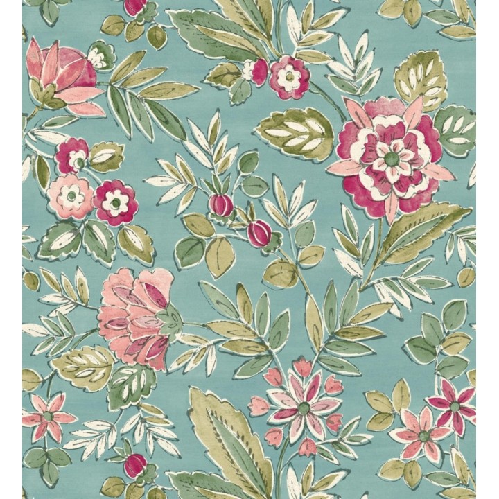 Papel pintado flores vintage de acuarela fondo aguamarina - Willowmere Posies 684276