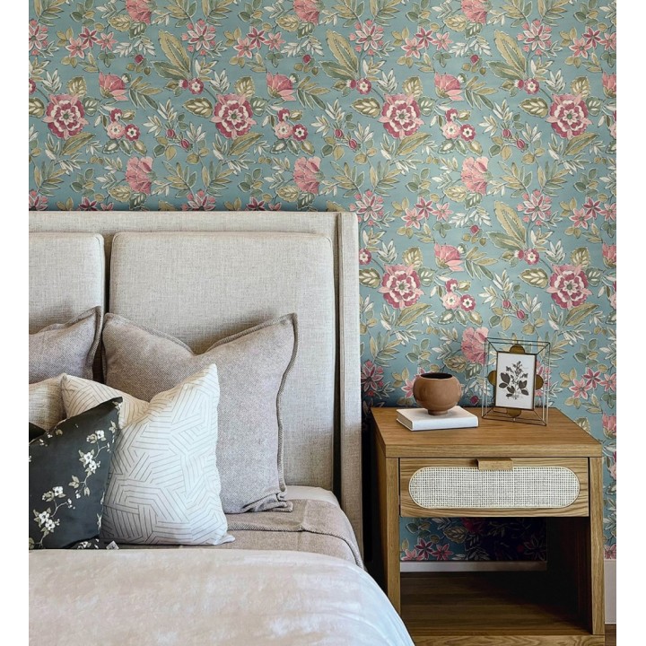 Papel pintado flores vintage de acuarela fondo aguamarina - Willowmere Posies 684276