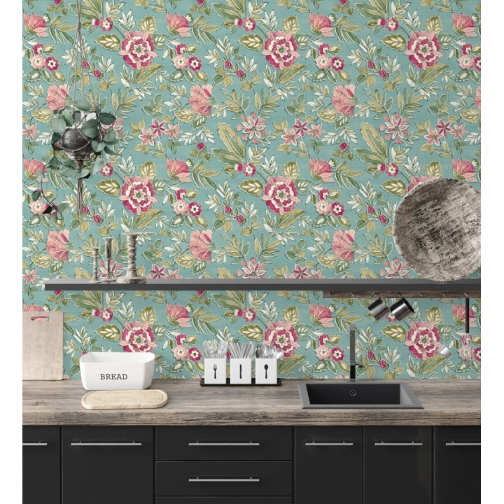 Papel pintado flores vintage de acuarela fondo aguamarina - Willowmere Posies 684276