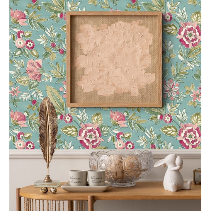 Papel pintado flores vintage de acuarela fondo aguamarina - Willowmere Posies 684276
