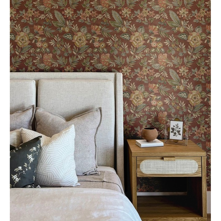 Papel pintado flores vintage de acuarela fondo terracota - Willowmere Posies 684278