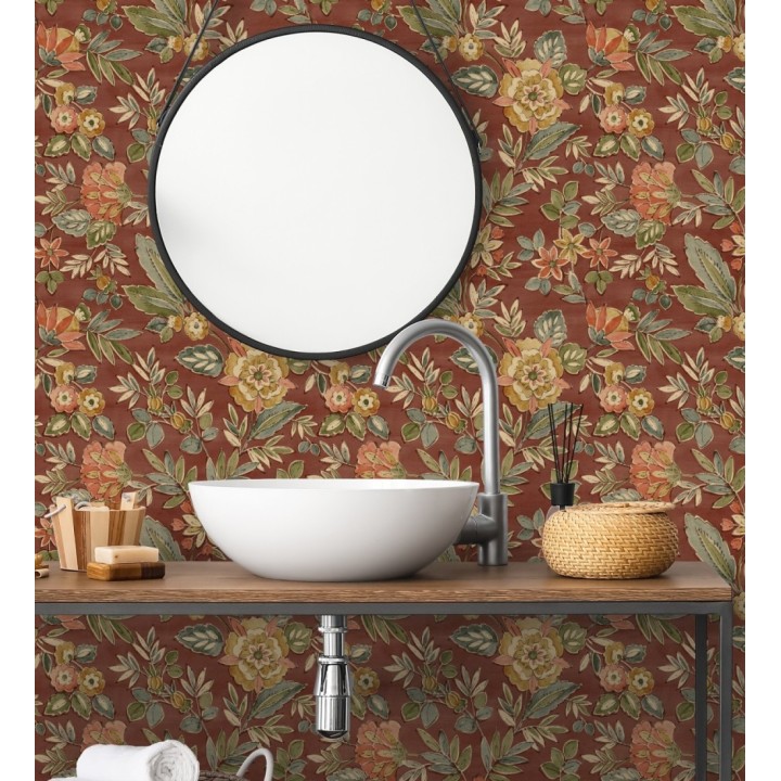Papel pintado flores vintage de acuarela fondo terracota - Willowmere Posies 684278