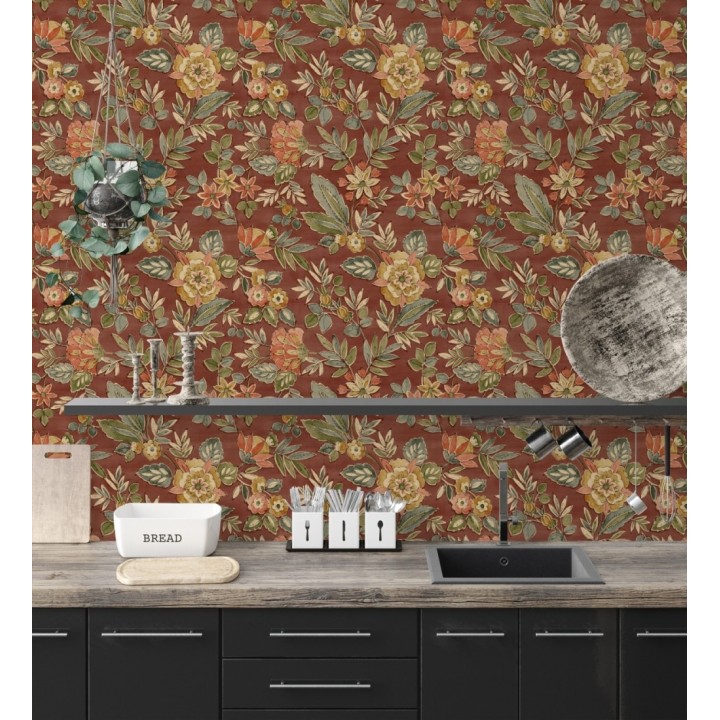 Papel pintado flores vintage de acuarela fondo terracota - Willowmere Posies 684278