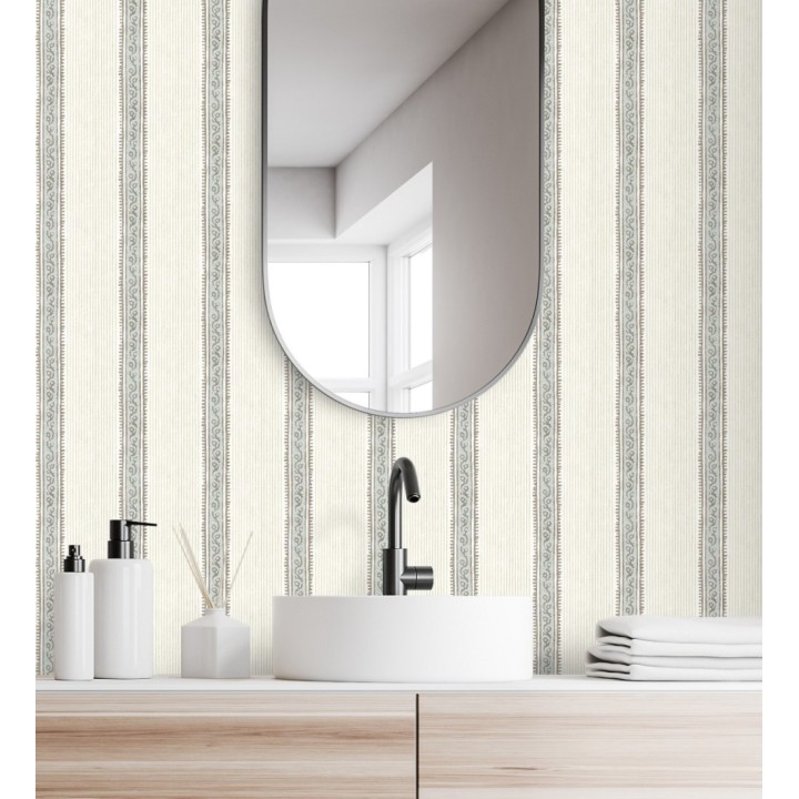 Papel pintado texturizado de rayas elegantes con grecas cian - Tisbury Pinstripe 684280
