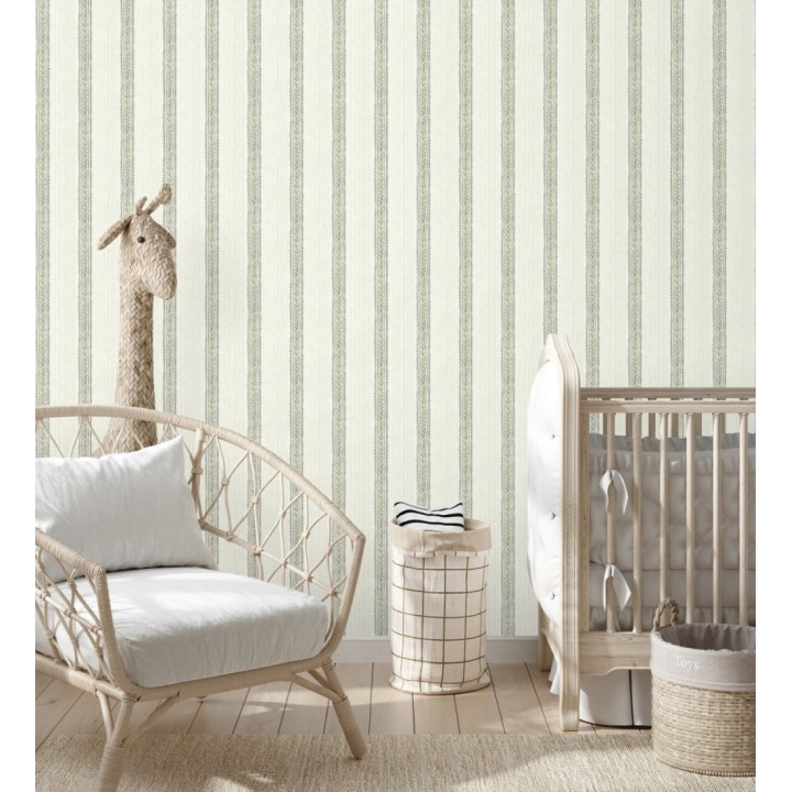 Papel pintado texturizado de rayas elegantes con grecas verde - Tisbury Pinstripe 684282