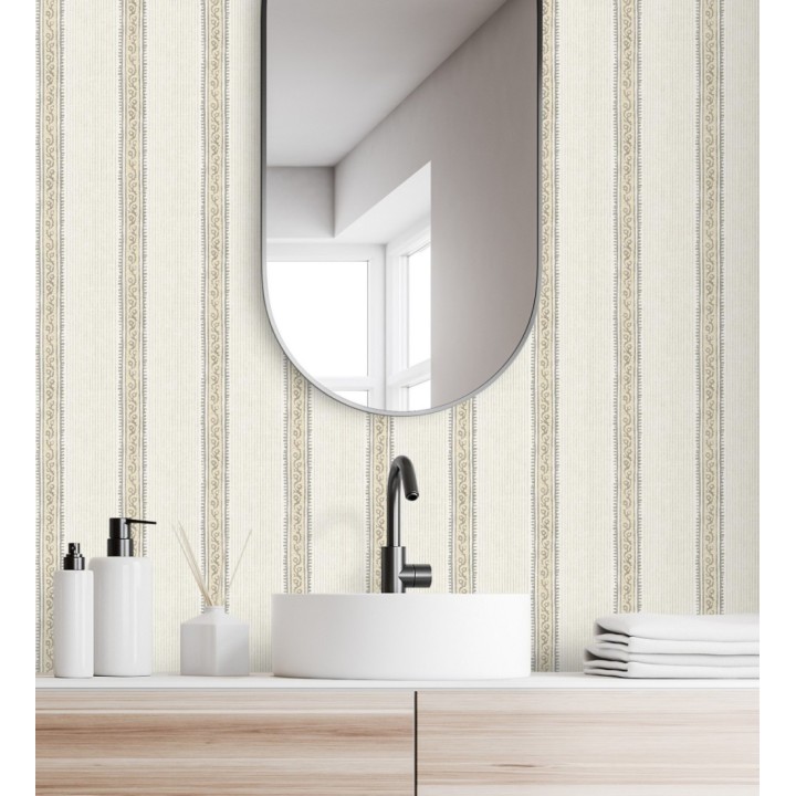 Papel pintado texturizado de rayas elegantes con grecas beige - Tisbury Pinstripe 684283