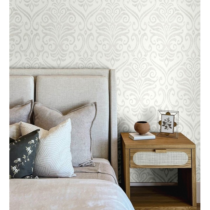 Papel pintado damasco elegante color beige neutro y blanco roto - Winchelsea Ornamental 684290