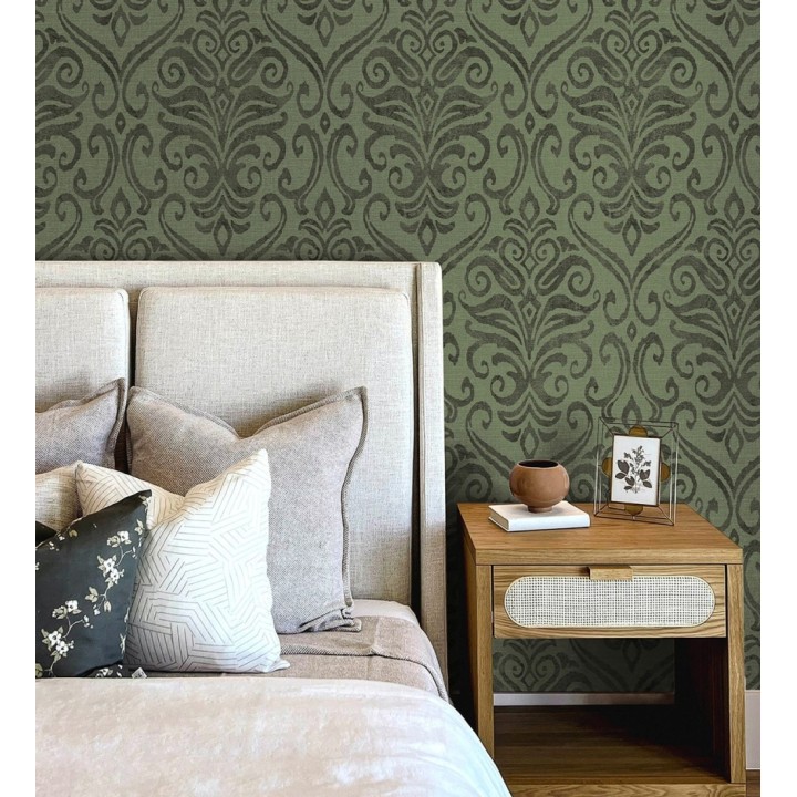 Papel pintado damasco elegante texturizado color verde helecho - Winchelsea Ornamental 684293