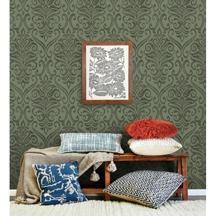 Papel pintado damasco elegante texturizado color verde helecho - Winchelsea Ornamental 684293