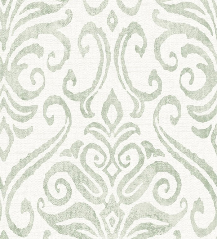Papel pintado damasco elegante texturizado verde suave y blanco roto - Winchelsea Ornamental 684294