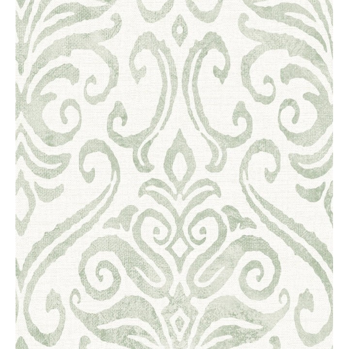 Papel pintado damasco elegante texturizado verde suave y blanco roto - Winchelsea Ornamental 684294