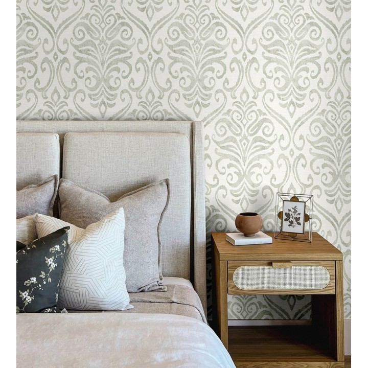 Papel pintado damasco elegante texturizado verde suave y blanco roto - Winchelsea Ornamental 684294
