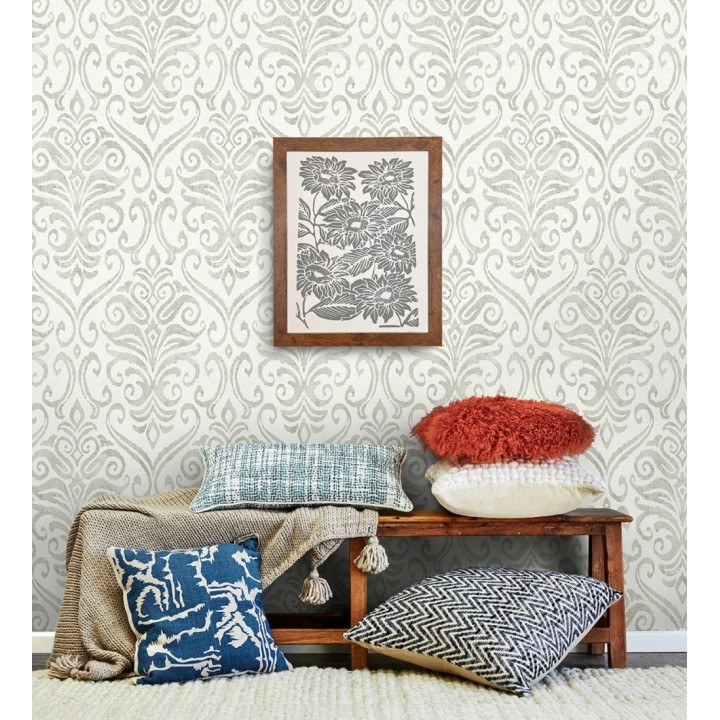 Papel pintado damasco elegante texturizado verde suave y blanco roto - Winchelsea Ornamental 684294