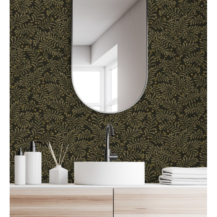Papel pintado ramas marrón pardo y bayas fondo lino texturizado negro - Willowmere Sprigs 684295