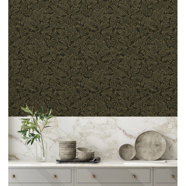 Papel pintado ramas marrón pardo y bayas fondo lino texturizado negro - Willowmere Sprigs 684295