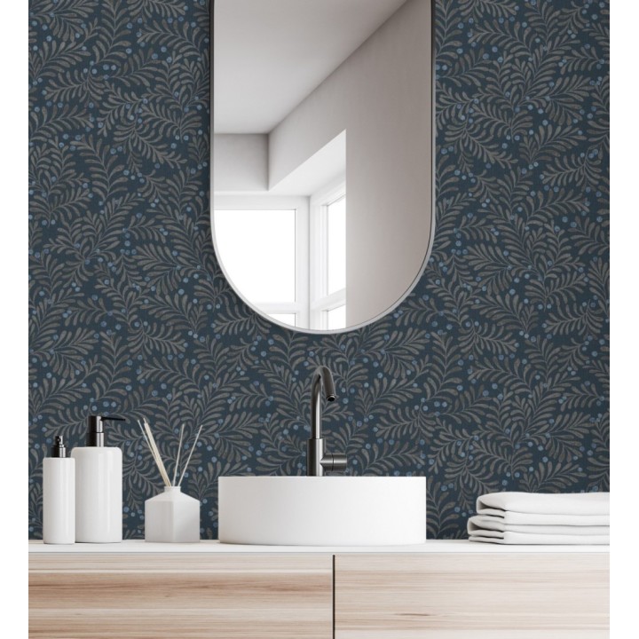 Papel pintado ramas taupe y bayas fondo lino texturizado azul eléctrico - Willowmere Sprigs 684296