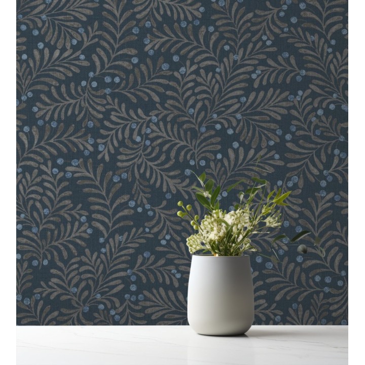 Papel pintado ramas taupe y bayas fondo lino texturizado azul eléctrico - Willowmere Sprigs 684296