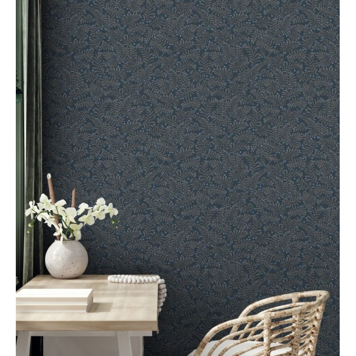 Papel pintado ramas taupe y bayas fondo lino texturizado azul eléctrico - Willowmere Sprigs 684296