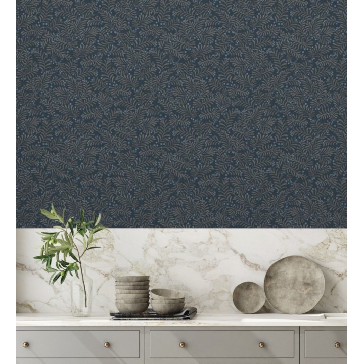 Papel pintado ramas taupe y bayas fondo lino texturizado azul eléctrico - Willowmere Sprigs 684296