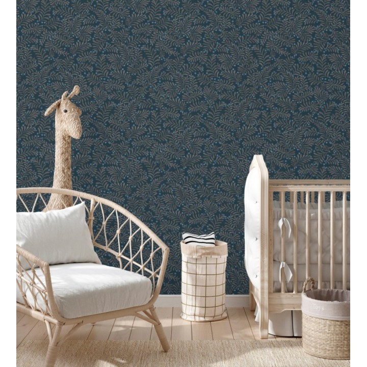 Papel pintado ramas taupe y bayas fondo lino texturizado azul eléctrico - Willowmere Sprigs 684296