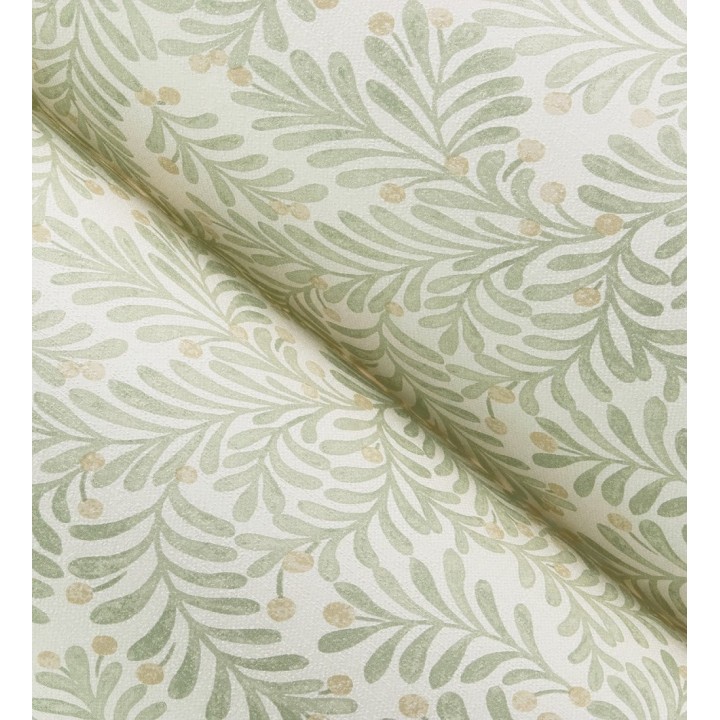 Papel pintado ramas verdes y bayas fondo lino texturizado arena claro - Willowmere Sprigs 684297
