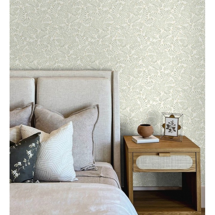 Papel pintado ramas verdes y bayas fondo lino texturizado arena claro - Willowmere Sprigs 684297