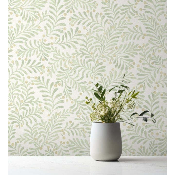 Papel pintado ramas verdes y bayas fondo lino texturizado arena claro - Willowmere Sprigs 684297