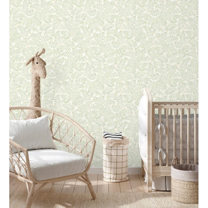 Papel pintado ramas verdes y bayas fondo lino texturizado arena claro - Willowmere Sprigs 684297