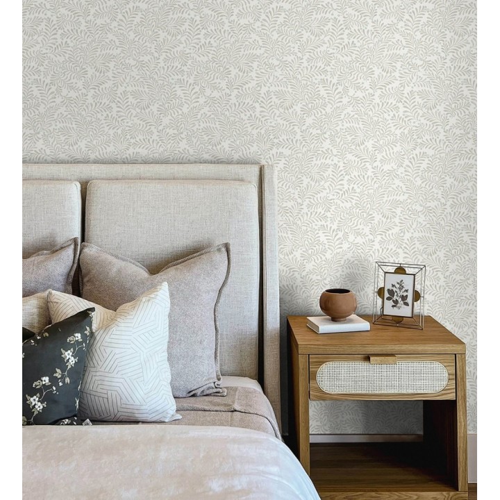 Papel pintado ramas beige y bayas fondo lino texturizado blanco roto - Willowmere Sprigs 684298