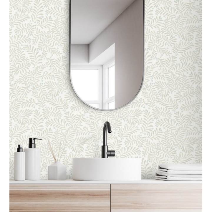 Papel pintado ramas beige y bayas fondo lino texturizado blanco roto - Willowmere Sprigs 684298