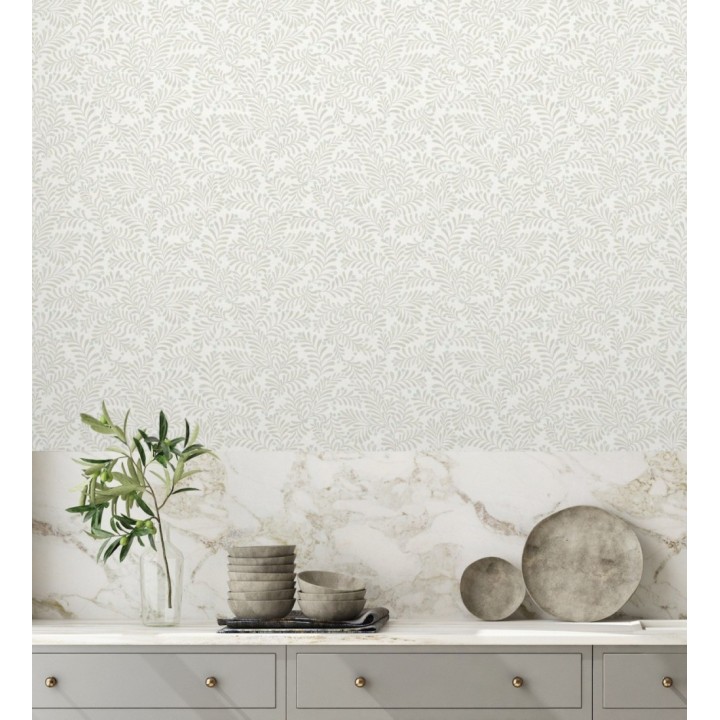 Papel pintado ramas beige y bayas fondo lino texturizado blanco roto - Willowmere Sprigs 684298