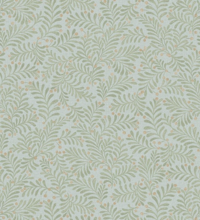 Papel pintado ramas verdes y bayas fondo lino texturizado azul pastel - Willowmere Sprigs 684299