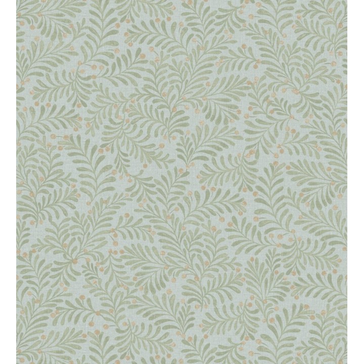 Papel pintado ramas verdes y bayas fondo lino texturizado azul petróleo - Willowmere Sprigs 684299