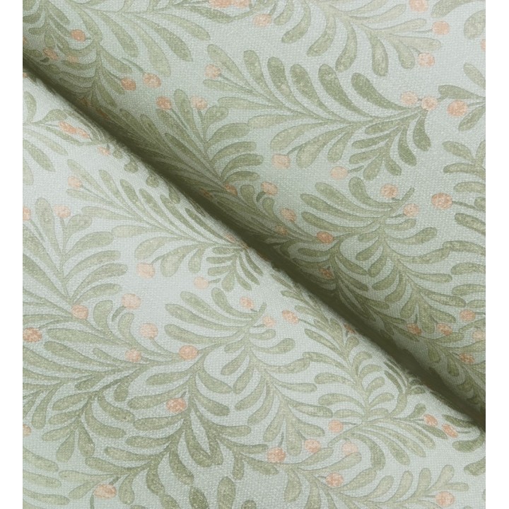 Papel pintado ramas verdes y bayas fondo lino texturizado azul petróleo - Willowmere Sprigs 684299