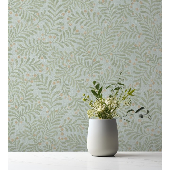 Papel pintado ramas verdes y bayas fondo lino texturizado azul petróleo - Willowmere Sprigs 684299