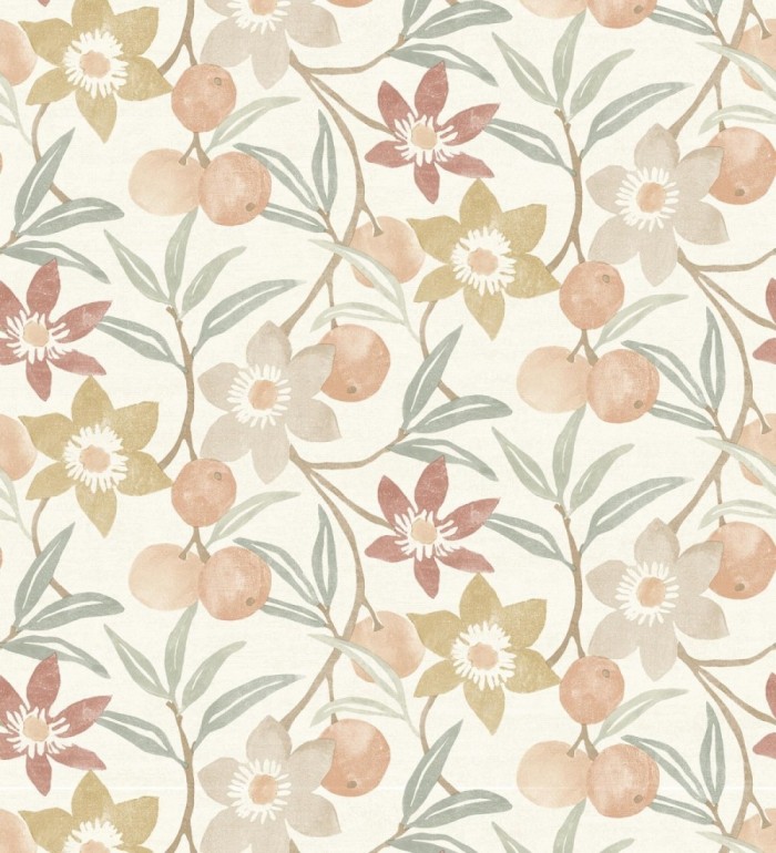 Papel pintado de frutas y flores estilo country tonos ocre beige y terracota - Rowan Nectarine 684300