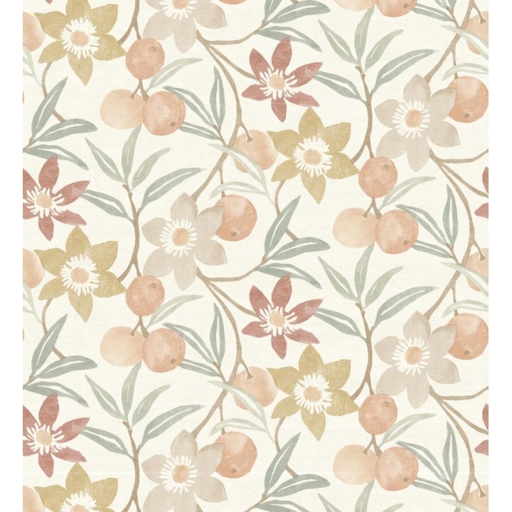 Papel pintado de frutas y flores estilo country tonos ocre beige y terracota - Rowan Nectarine 684300