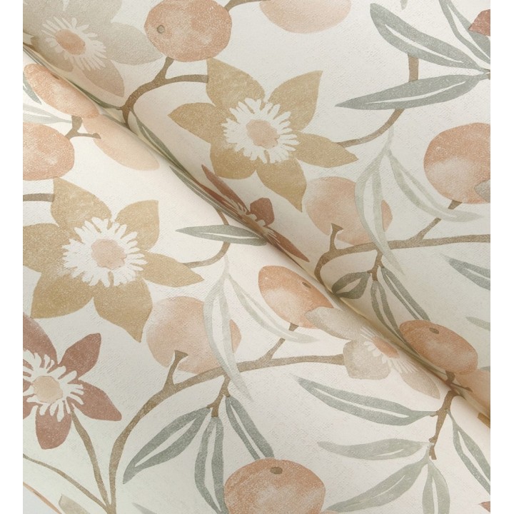 Papel pintado de frutas y flores estilo country tonos ocre beige y terracota - Rowan Nectarine 684300
