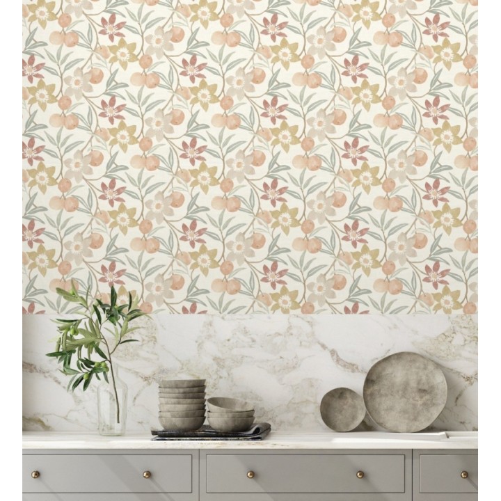 Papel pintado de frutas y flores estilo country tonos ocre beige y terracota - Rowan Nectarine 684300
