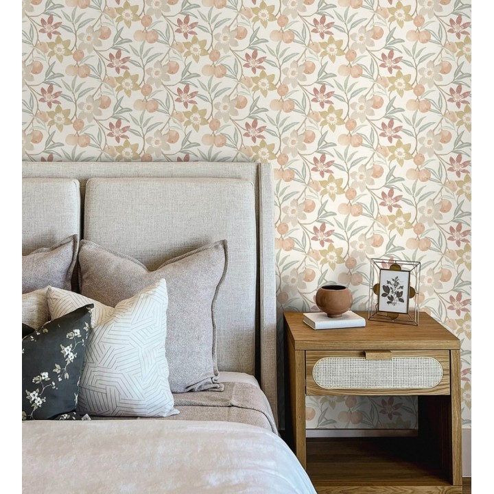 Papel pintado de frutas y flores estilo country tonos ocre beige y terracota - Rowan Nectarine 684300
