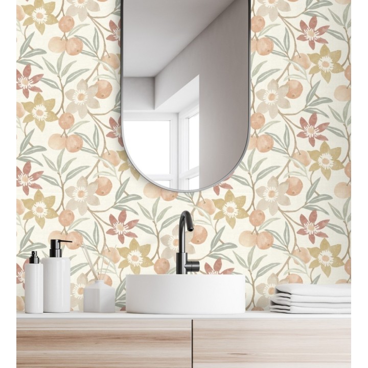 Papel pintado de frutas y flores estilo country tonos ocre beige y terracota - Rowan Nectarine 684300