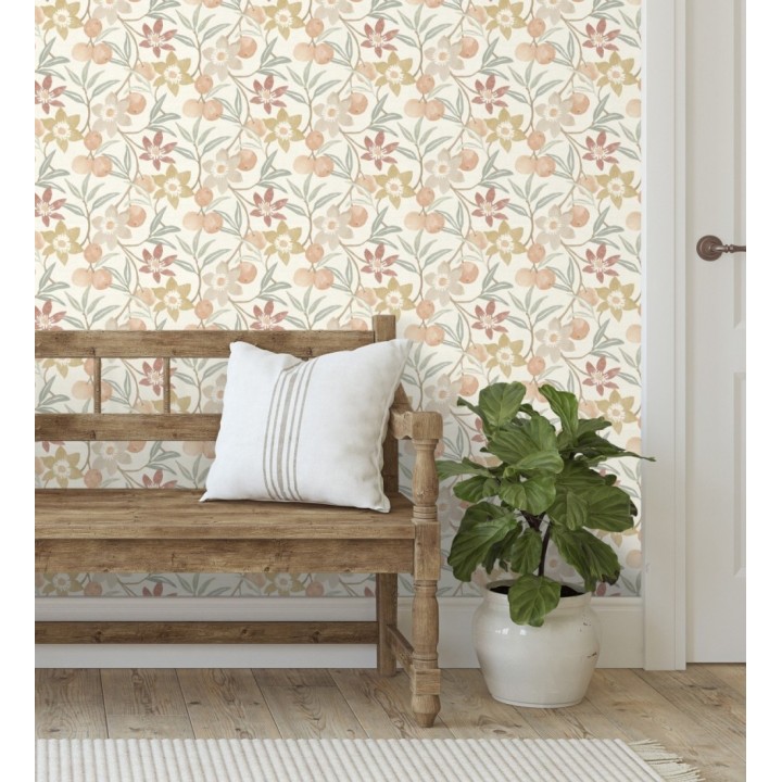 Papel pintado de frutas y flores estilo country tonos ocre beige y terracota - Rowan Nectarine 684300