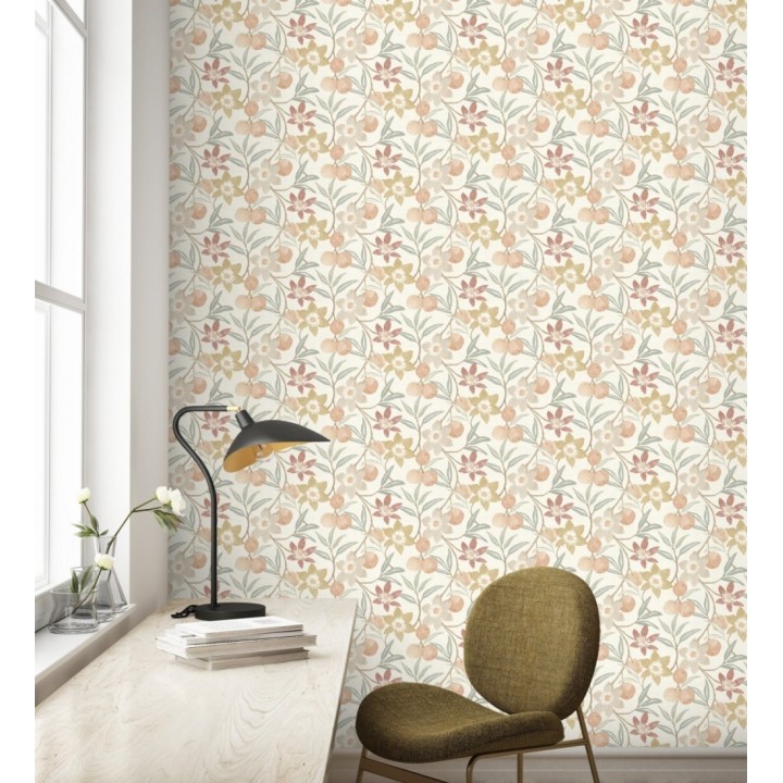 Papel pintado de frutas y flores estilo country tonos ocre beige y terracota - Rowan Nectarine 684300